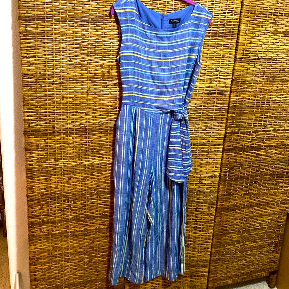 EUC TAHARI Arthur S. Levine blue yellow white stripe linen wide leg jumpsuit 12